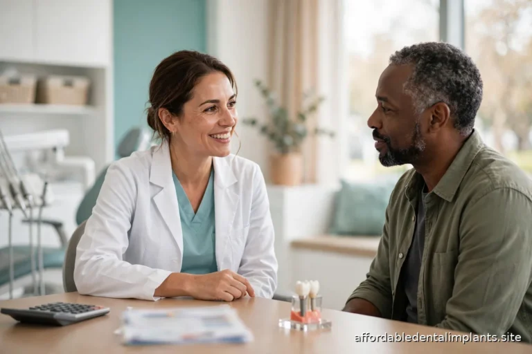 Dentist discussing implant treatment costs with a patient at a bright modern dental office desk
