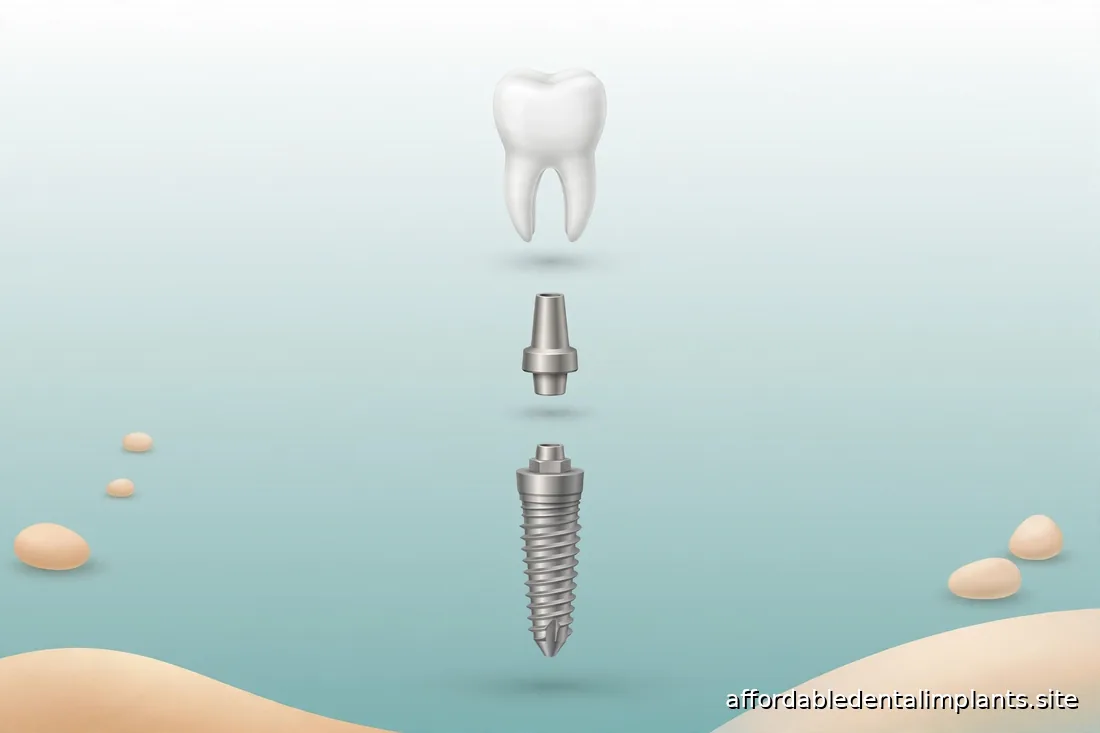 Diagram-style illustration showing the three parts of a dental implant: titanium post, abutment, and crown