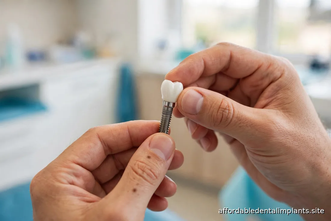 Close-up of a dentist's hands holding a dental implant model during a patient consultation