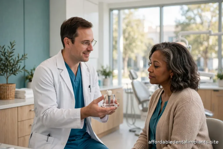 Dentist showing a single-tooth implant model to a patient in a bright modern exam room