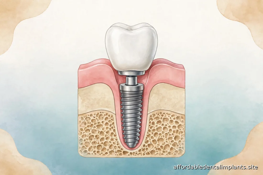 Illustrated cross-section showing a single dental implant: crown, abutment, and titanium post in the jawbone