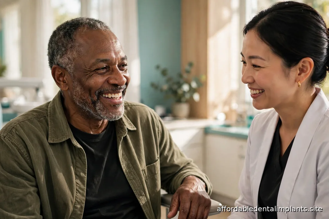 Smiling middle-aged patient talking with a dentist after a consultation in a sunlit dental office