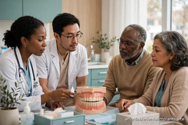 Dental team consulting with a patient about full-arch implant treatment beside a large tooth arch model