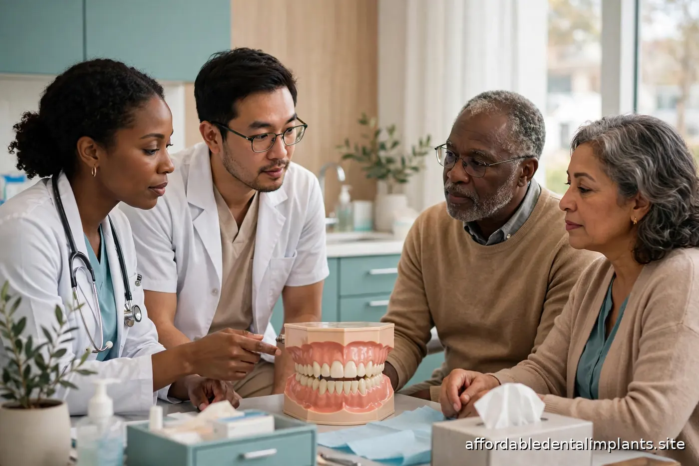 Dental team consulting with a patient about full-arch implant treatment beside a large tooth arch model