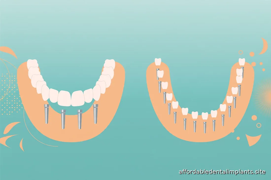 Abstract diagram comparing full-arch implant approaches: four implants versus individual implants supporting teeth