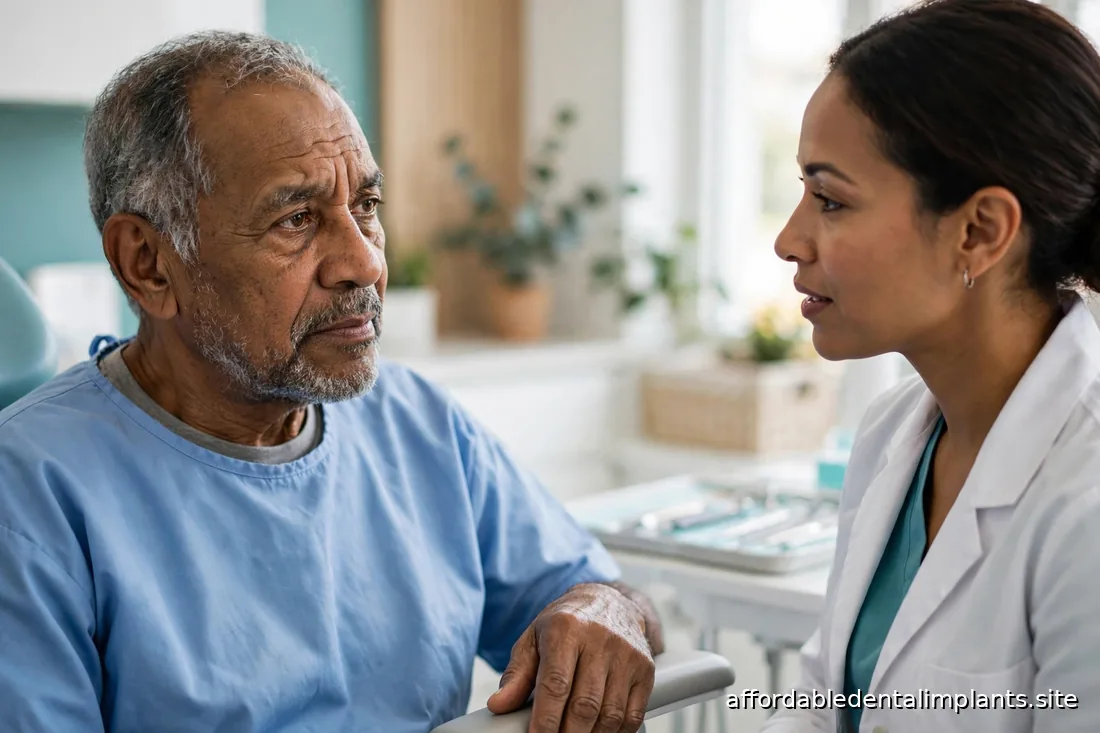Older adult patient in thoughtful discussion with a dentist in a bright modern clinic