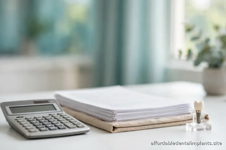 Calculator and dental paperwork on a desk in a bright office, numbers deliberately out of focus