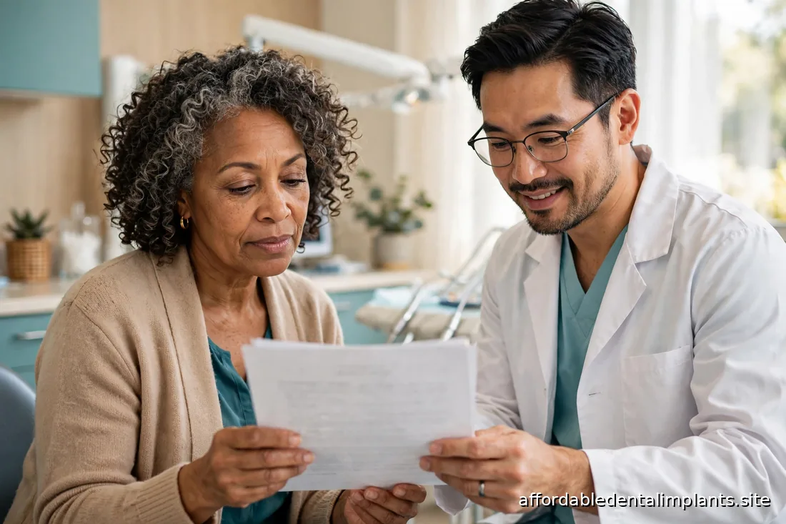 Patient reviewing treatment paperwork with a dentist in a sunlit consultation room