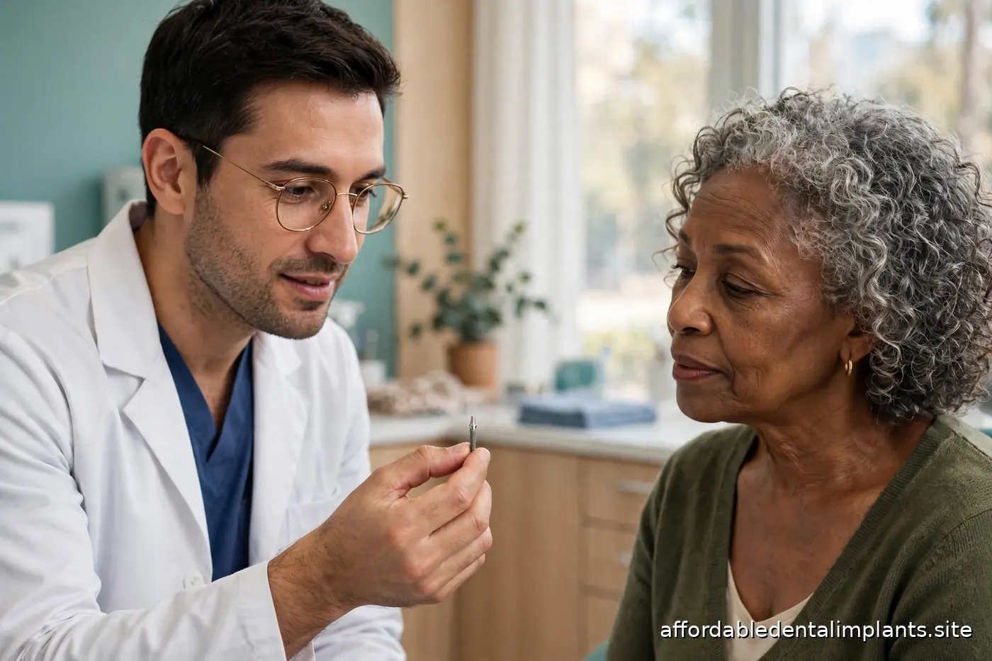 Dentist showing a small dental implant model to an older patient during a consultation