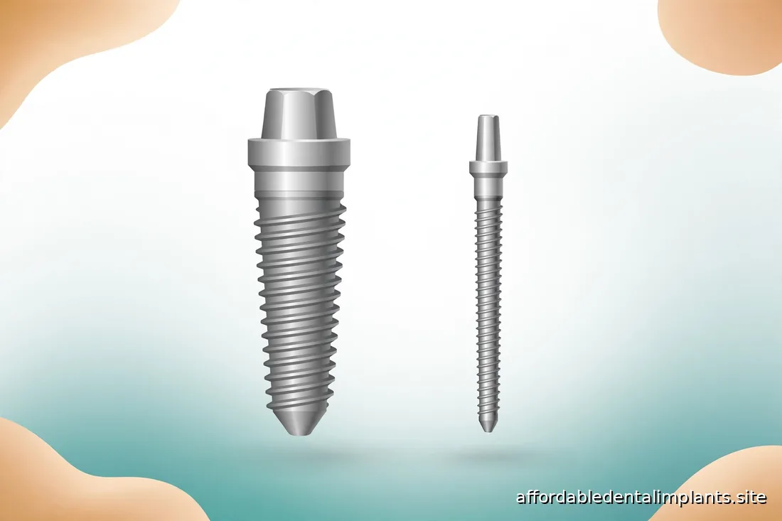 Illustrated size comparison between a standard dental implant and a slimmer mini implant, no text