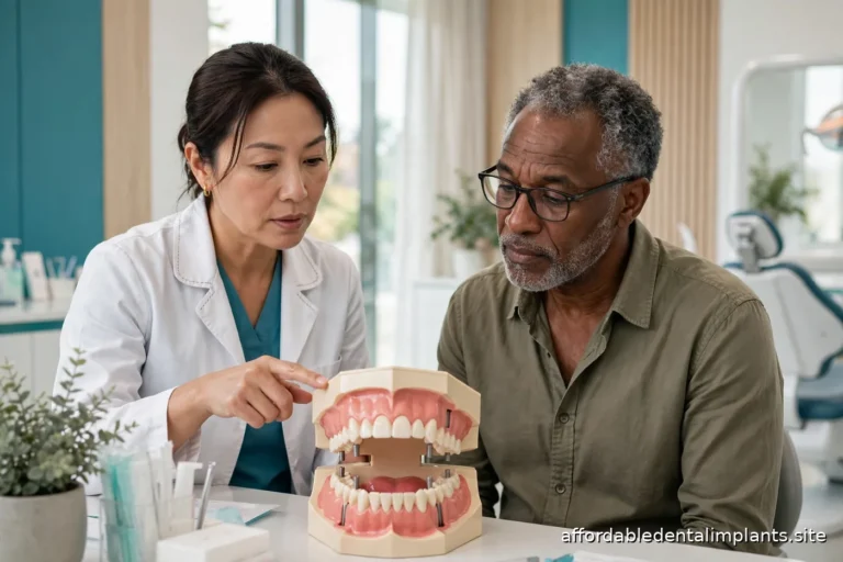 Dental specialist explaining a full-arch implant treatment plan to a patient using a large dental model