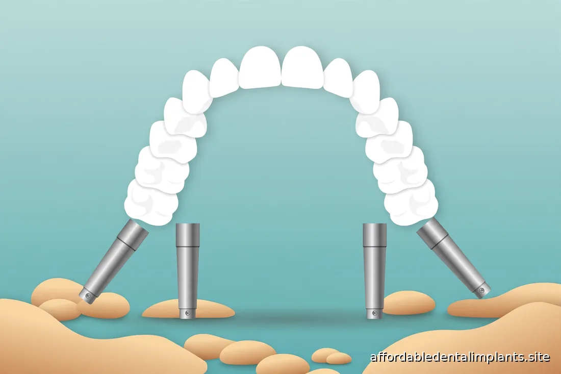 Diagram-style illustration of four dental implants positioned to support a full arch of teeth