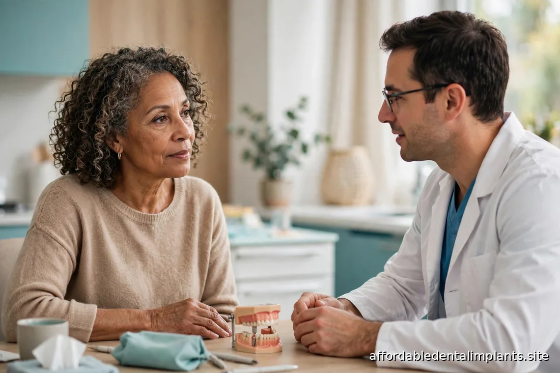 Patient and dentist in conversation about implant treatment in a bright modern dental clinic