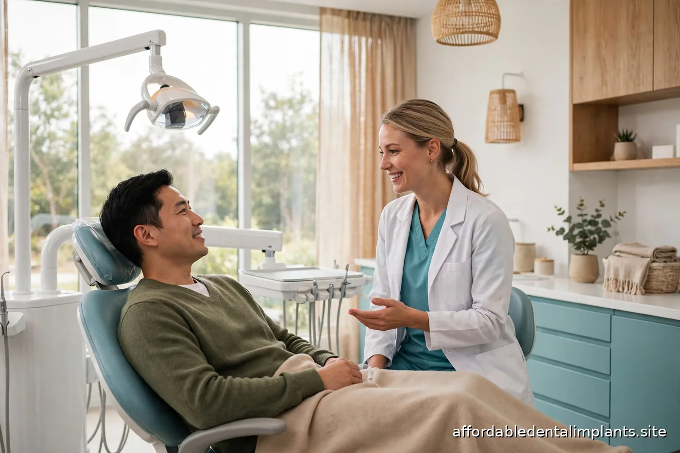 Modern dental operatory with patient reclined in chair consulting with dentist before implant treatment
