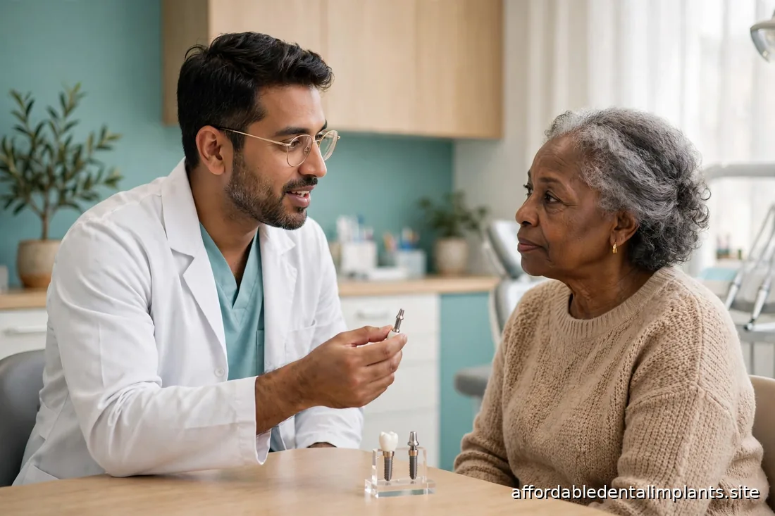 Dentist explaining an implant treatment plan to a patient using a dental model