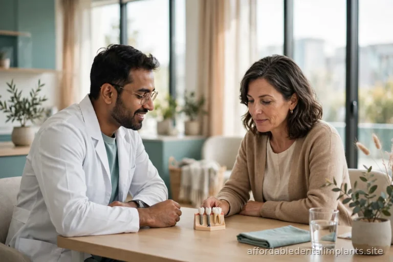 Dentist consulting with a middle-aged patient in a bright modern dental office, implant and bridge models on the desk