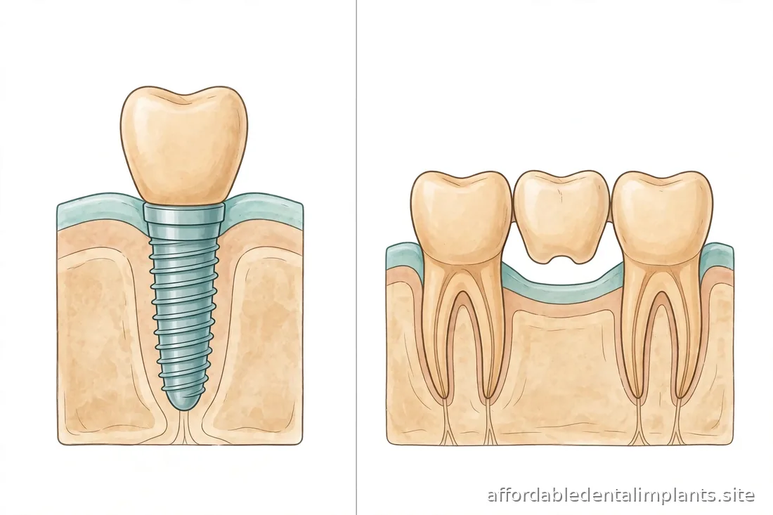 Clean annotated-style dental diagram showing a dental implant beside a traditional tooth bridge, no readable text