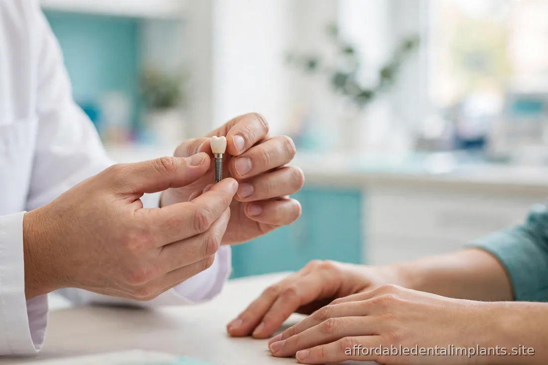 Close-up of a dentist's hands showing a patient a dental implant model during a consultation