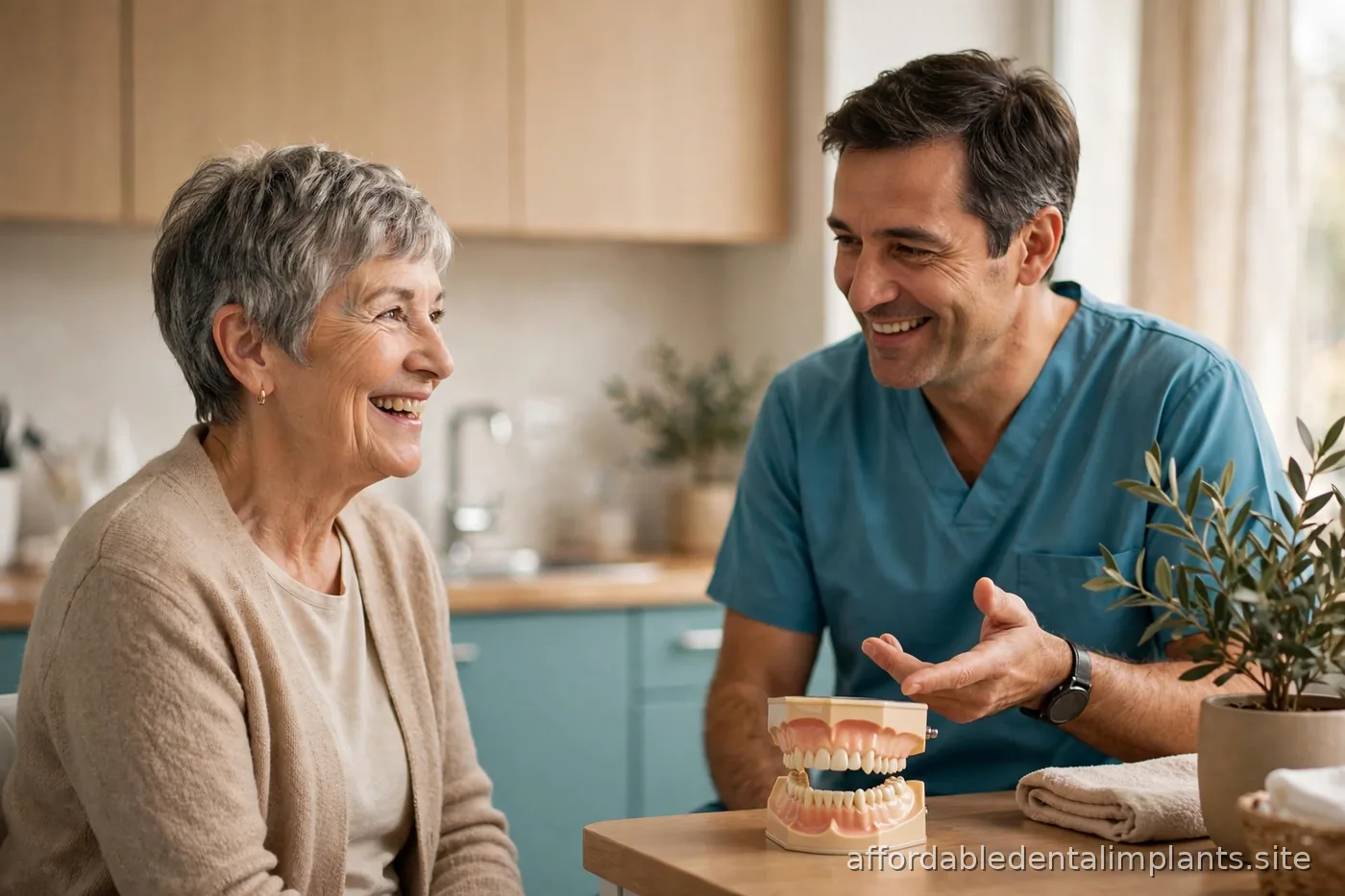Senior woman smiling during a dental consultation in a bright clinic, dentist explaining options with a calm expression