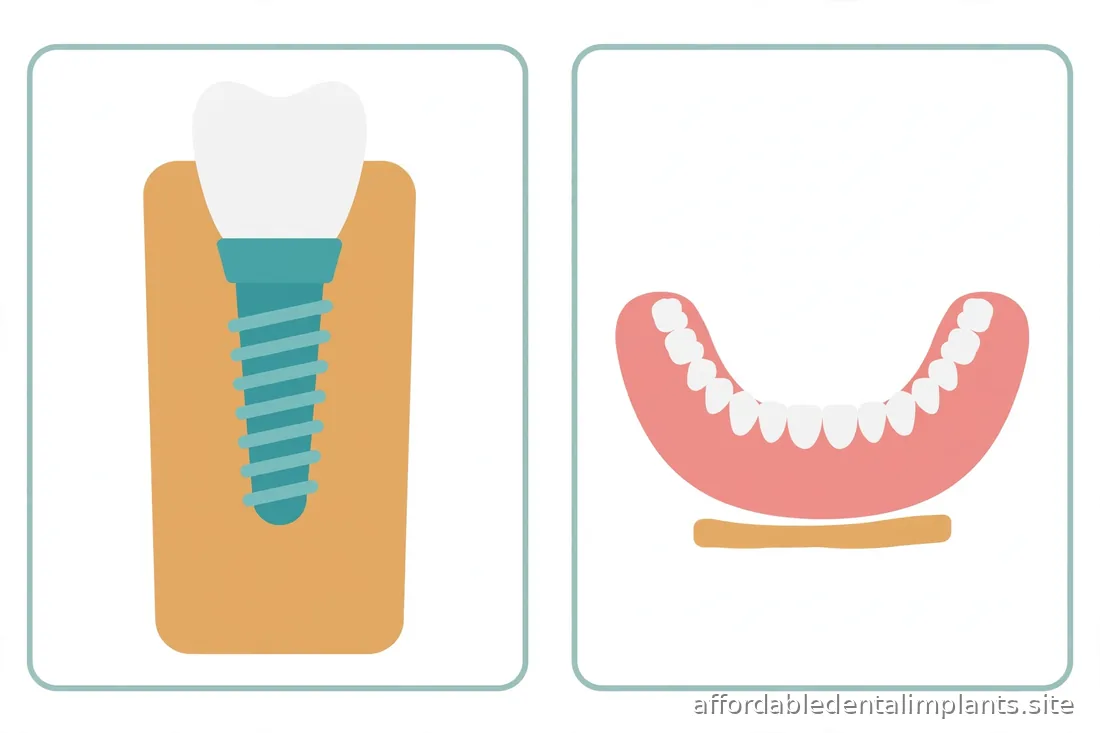 Illustration-style cross-section showing jawbone shrinking under a denture versus bone preserved around an implant, no readable text