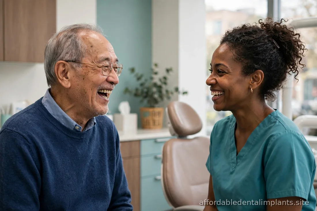 Older man laughing with a dentist in a modern dental office, natural warm interaction