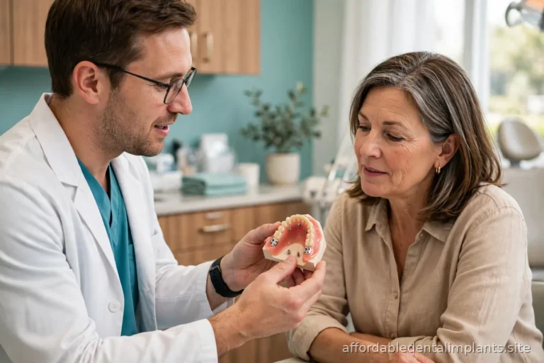 Dentist demonstrating a snap-on denture model to a patient in a bright dental office, warm consultation scene