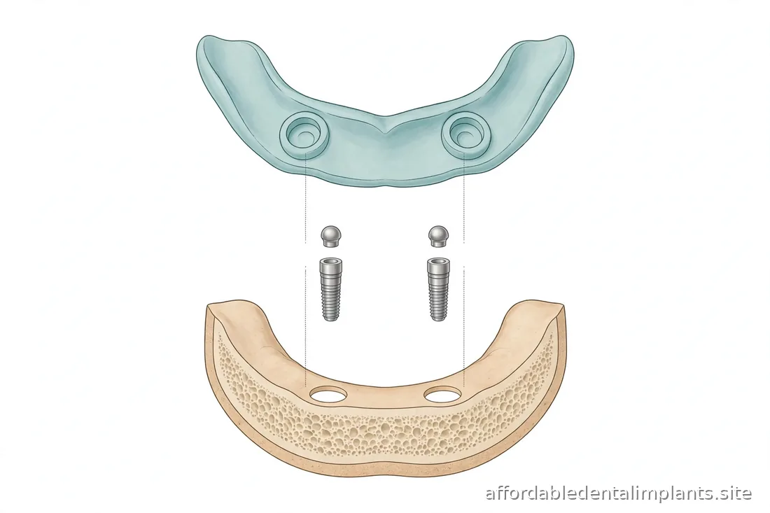 Illustration-style diagram of dental implants with snap connectors beneath a denture plate, clean clinical style, no readable text