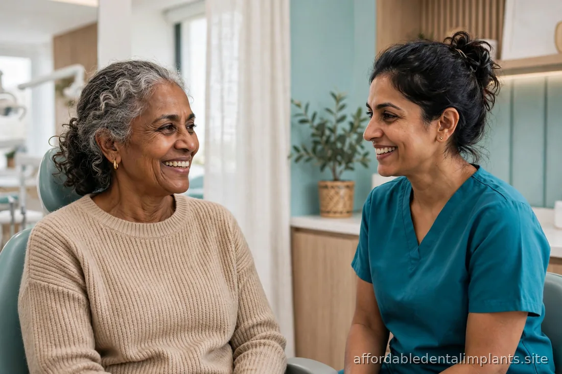 Senior woman smiling confidently while talking with her dentist in a modern clinic