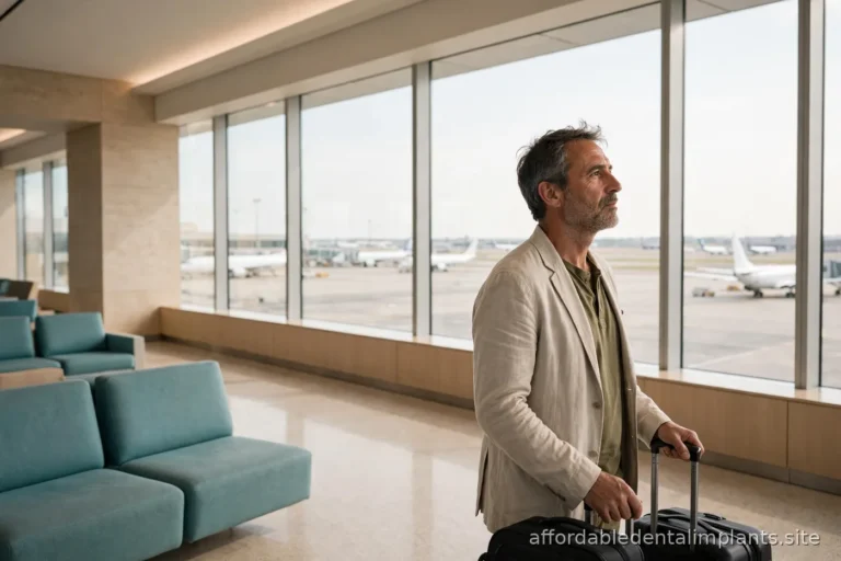 Traveler with a suitcase gazing out airport windows at parked airplanes, weighing a decision