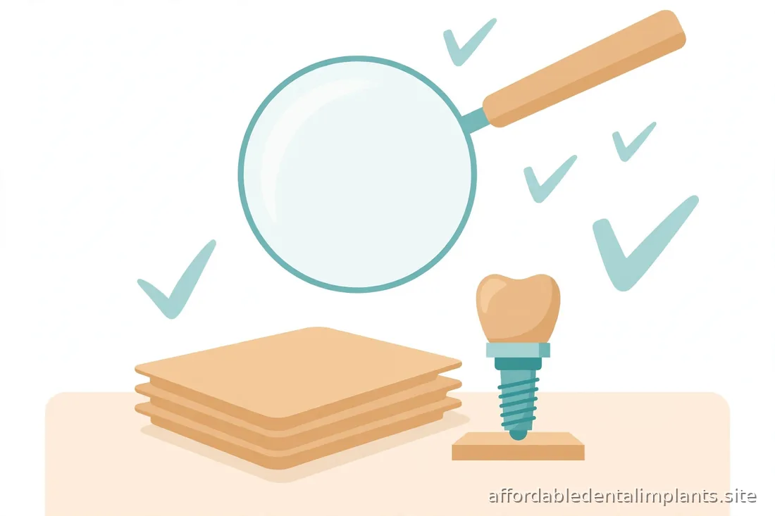 Checklist-style illustration with a magnifying glass over dental documents, abstract verification concept, no readable text