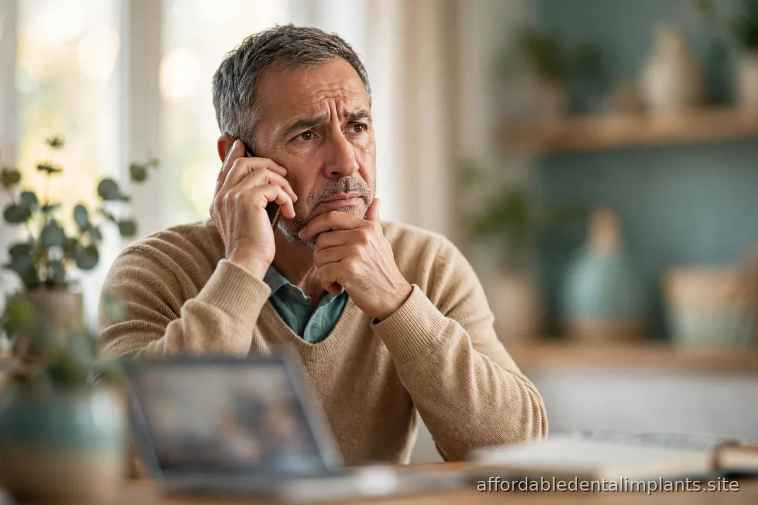 Concerned middle-aged man on a phone call in a home office, weighing a decision