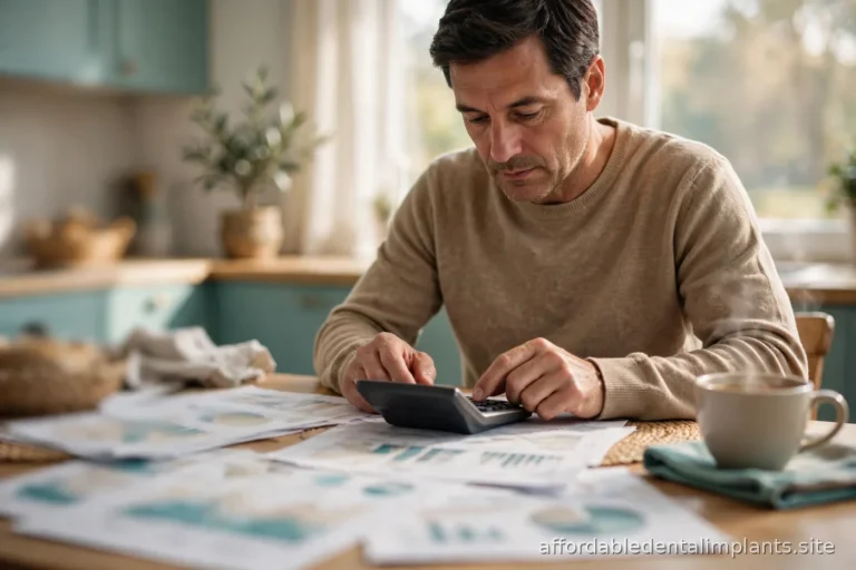Person reviewing household budget paperwork with a calculator at a kitchen table, warm daylight