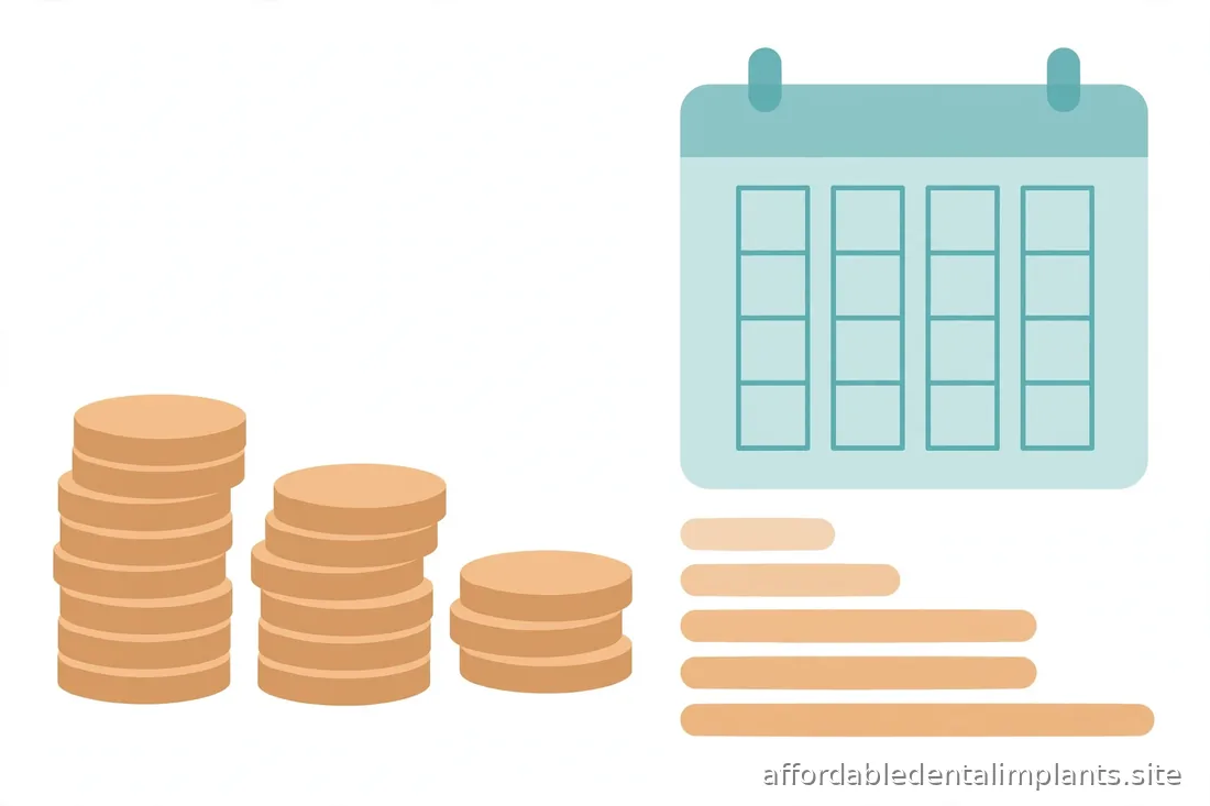 Abstract illustration of stacked coins and a calendar suggesting phased payments, soft teal and sand tones, no readable text