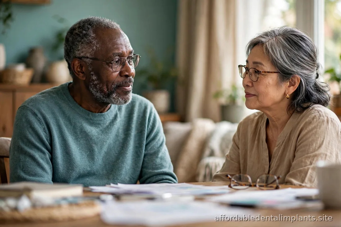 Senior couple discussing finances together at home, calm and thoughtful expressions
