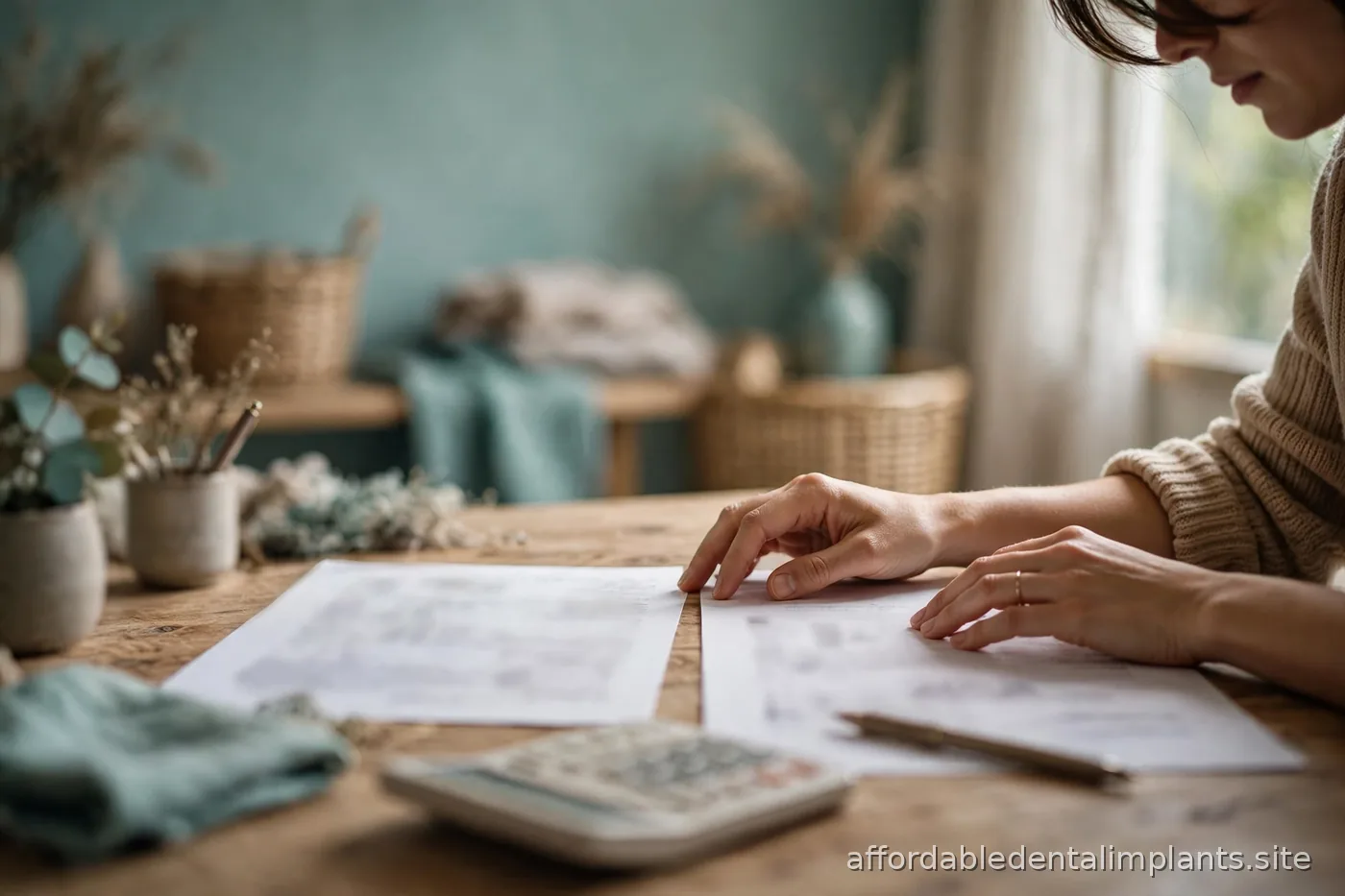Person comparing loan documents with a calculator on a desk in warm home-office light
