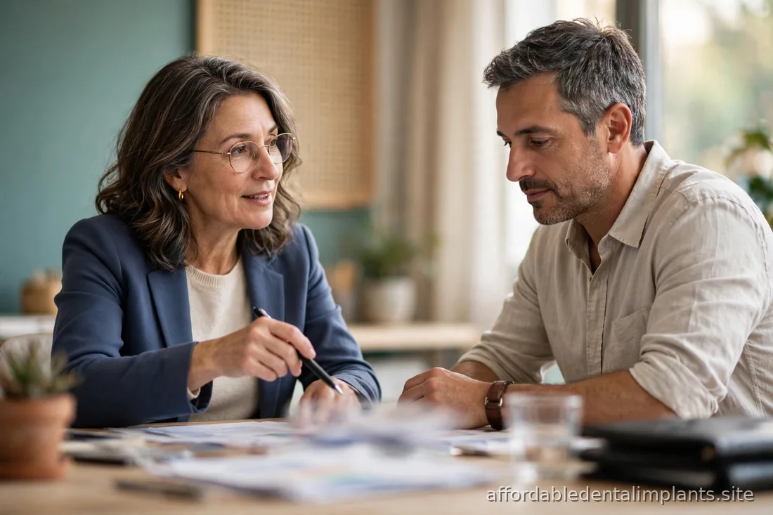 Financial advisor explaining paperwork to a client across a desk, professional calm setting