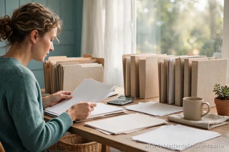 Person organizing tax and benefits paperwork at a desk with a calculator, bright home office