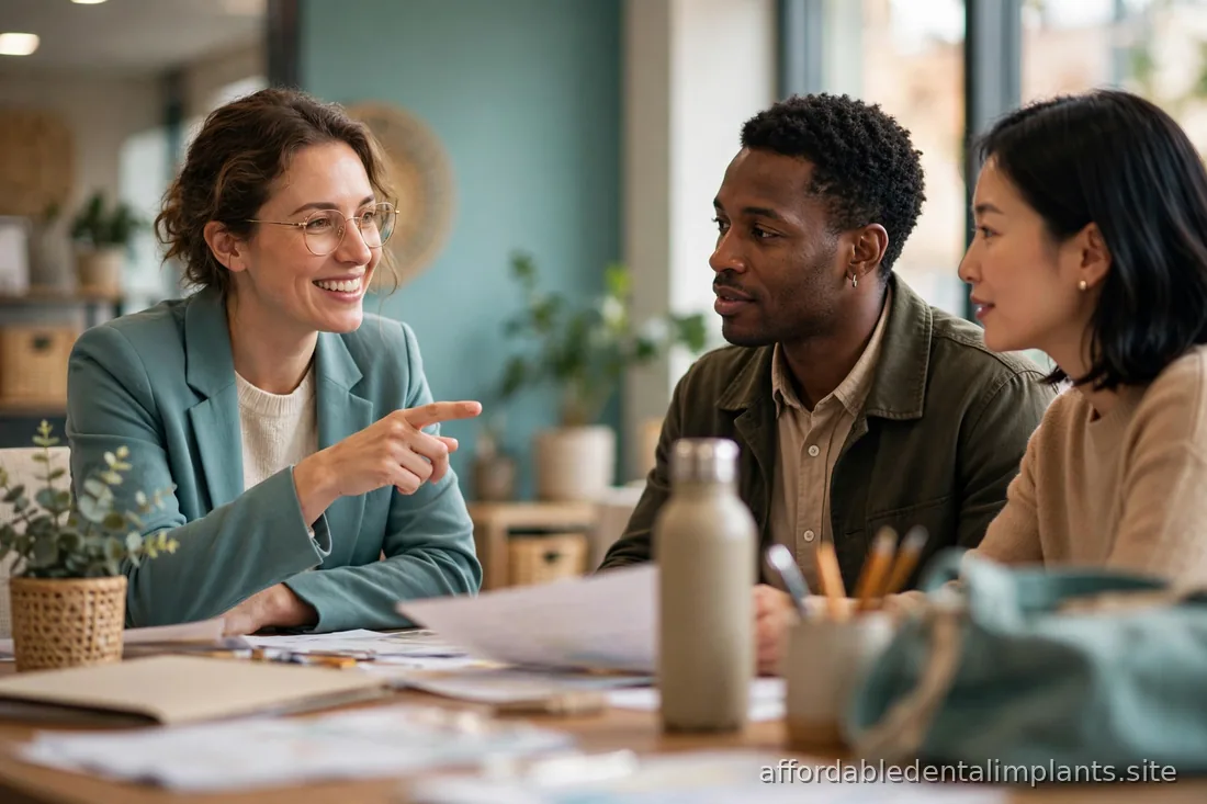 HR benefits meeting scene with diverse adults reviewing enrollment documents in a bright office
