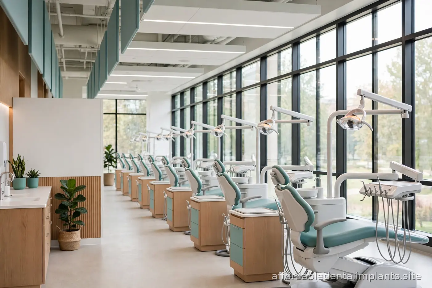 Modern university dental school clinic interior with dental chairs and bright daylight, clean academic setting