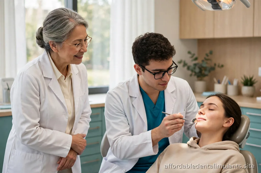 Dental professor supervising a student clinician treating a patient, educational clinical scene, no readable text