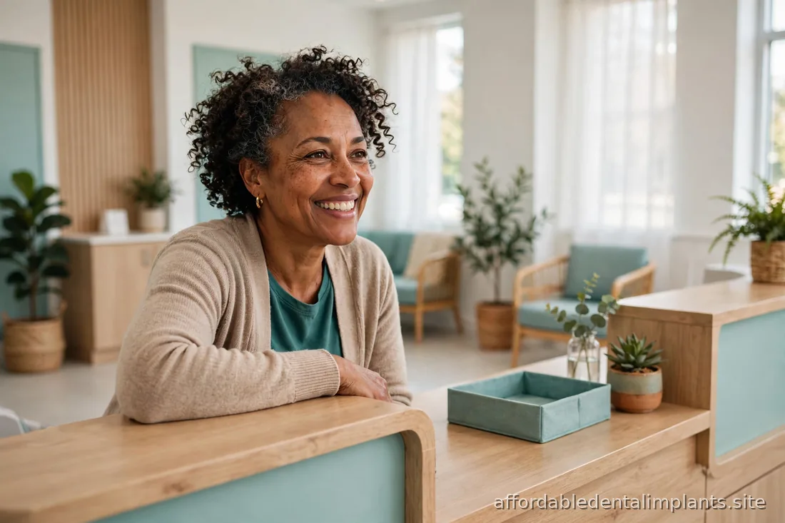 Diverse adult patient smiling in a dental school reception area, welcoming academic clinic atmosphere