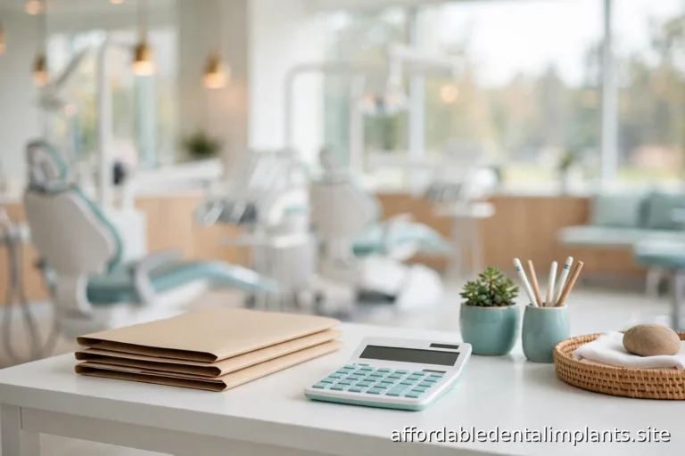 Dental insurance paperwork and a calculator on a desk in a bright dental office consultation room