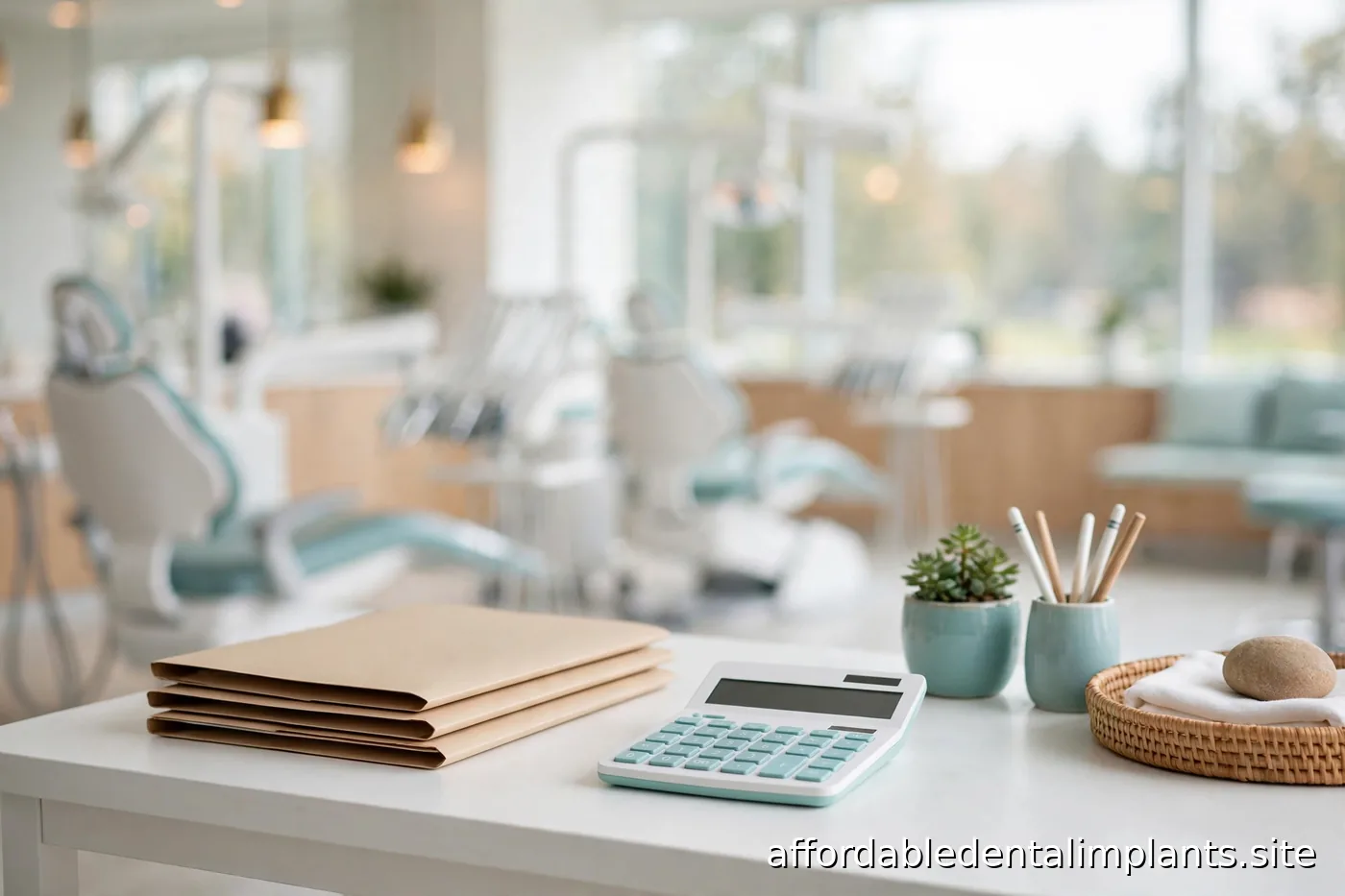 Dental insurance paperwork and a calculator on a desk in a bright dental office consultation room