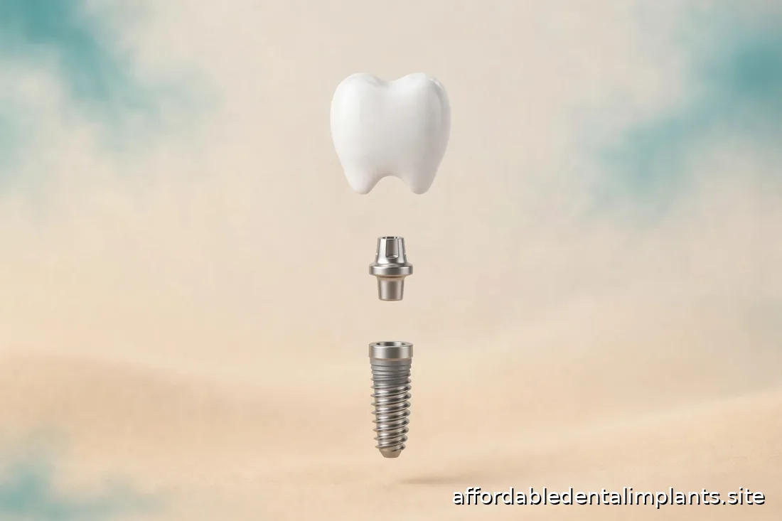 Exploded 3D diagram of a dental implant showing the titanium post, abutment, and crown as separate components