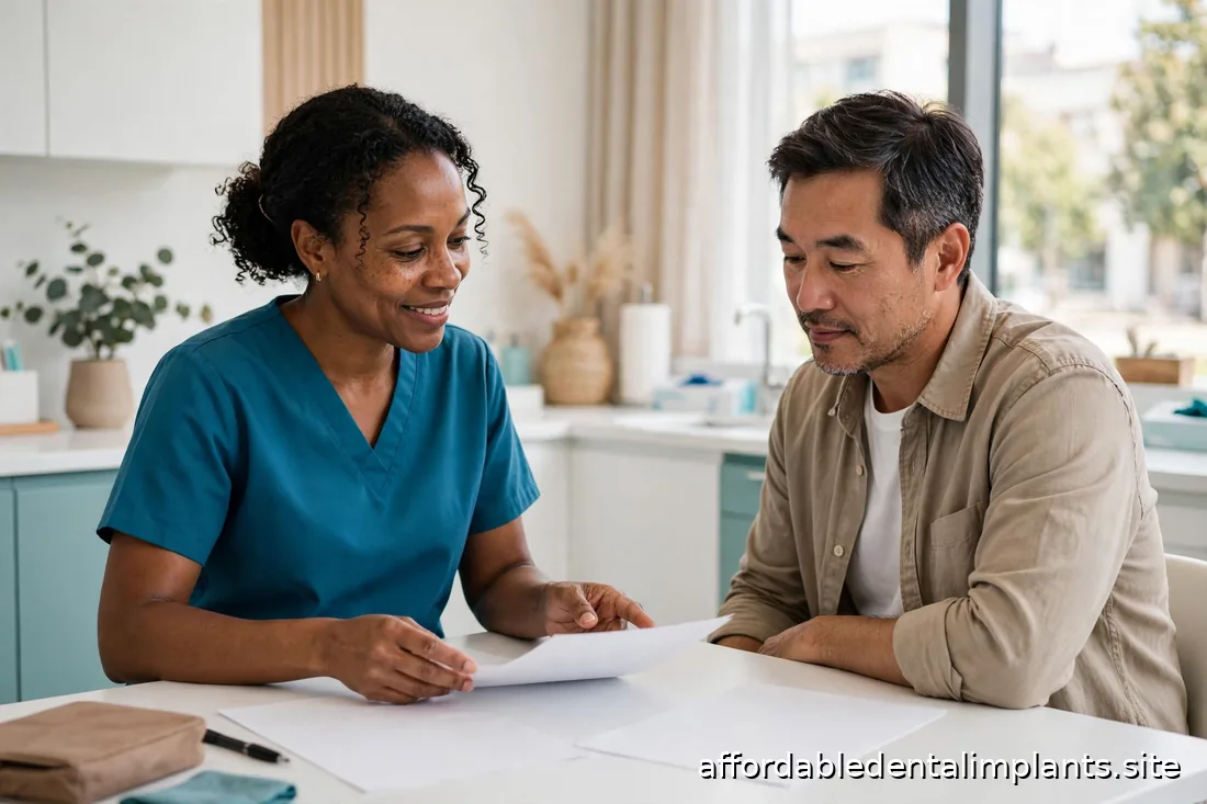Dental office staff member reviewing treatment paperwork with a middle-aged patient