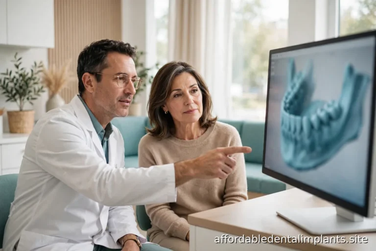 Oral surgeon reviewing a 3D dental scan with a patient in a bright modern dental consultation room