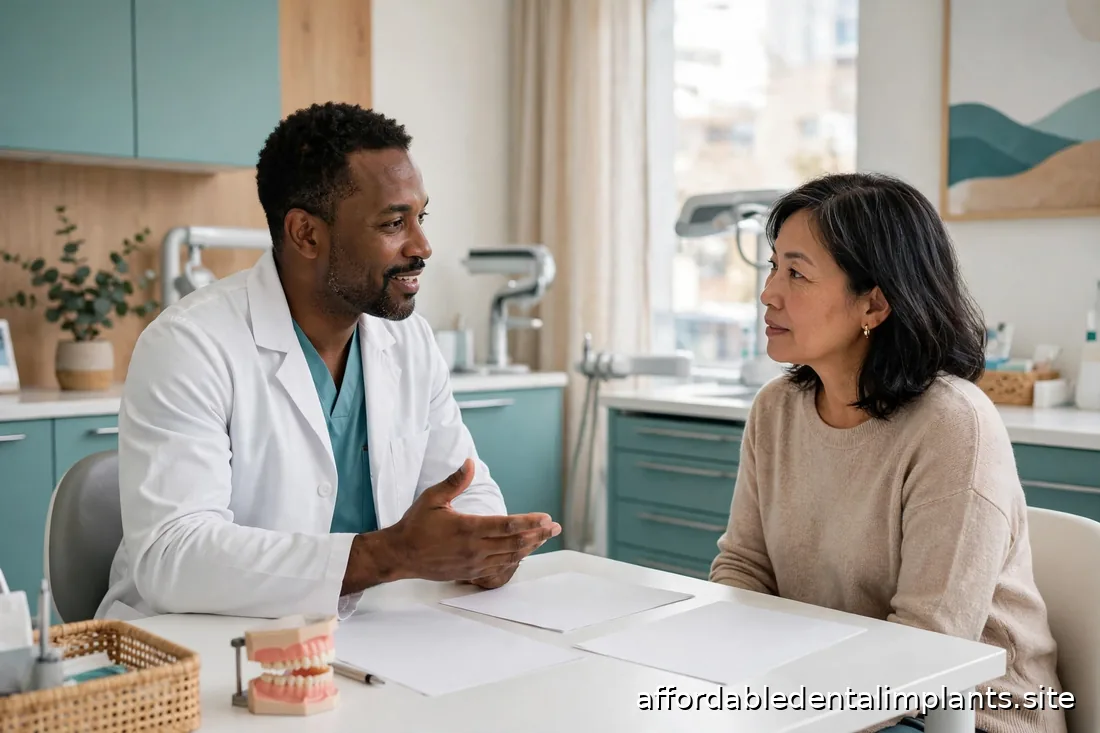 Dentist explaining a treatment plan to a middle-aged patient across a desk with paperwork