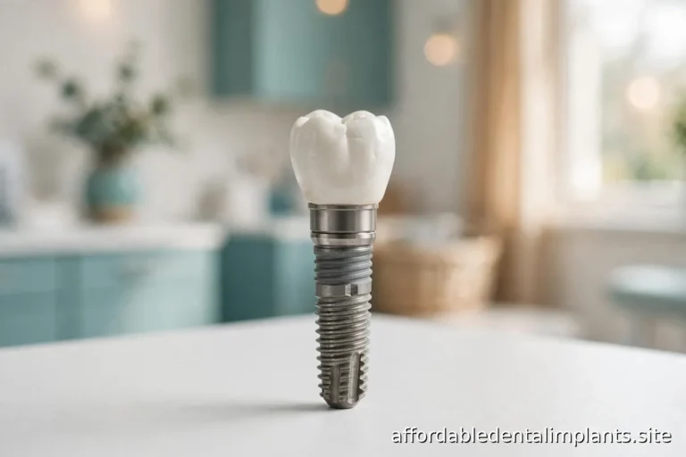 Close-up of a dental implant model on a desk in a bright dental office with soft daylight