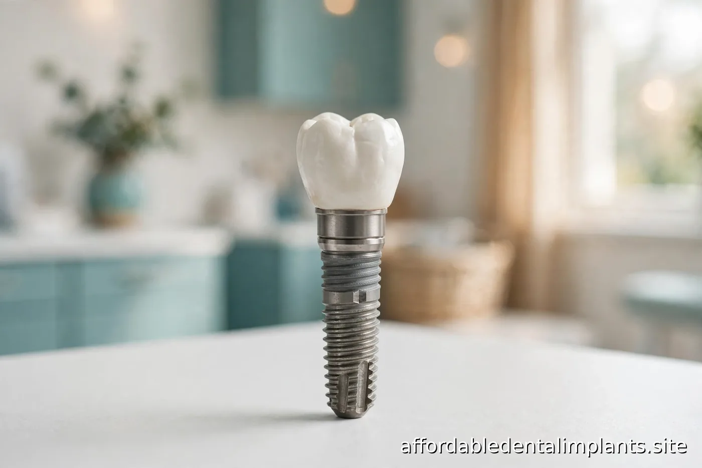 Close-up of a dental implant model on a desk in a bright dental office with soft daylight