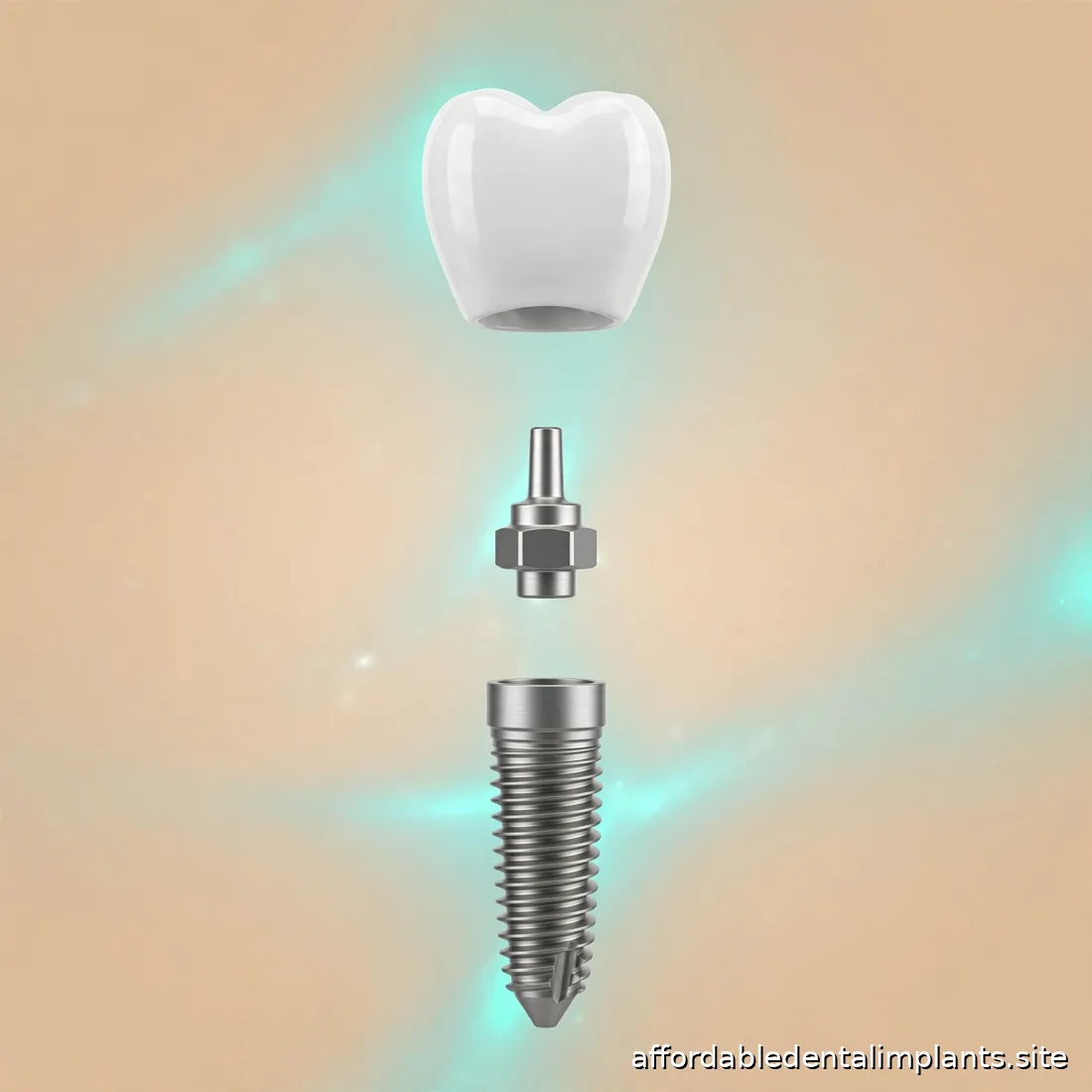 Exploded-style diagram of implant post, abutment, and crown as separate components, no text
